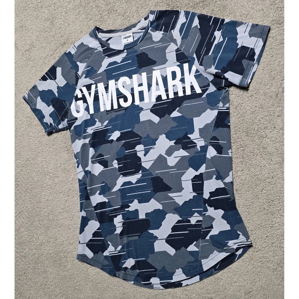 Gymshark Shirt Mens M Blue Camo Short Sleeve Athletic Tee Gym Training Spellout - Picture 6 of 12